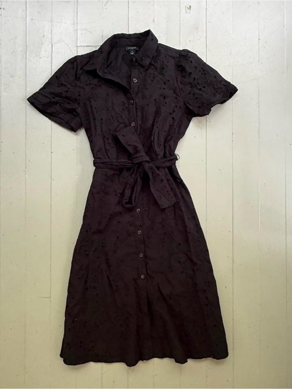 Ann Taylor Black Eyelet Button-Front Midi Shirt Dress with Tie Waist